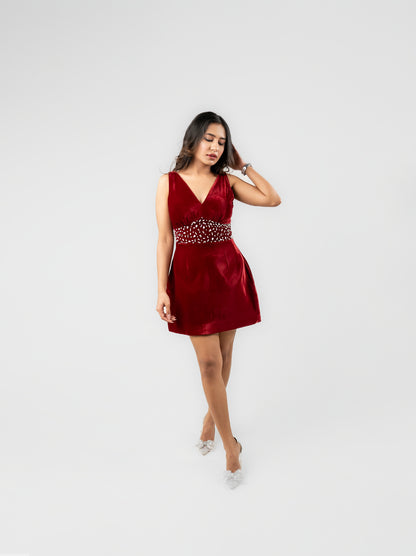 Frosty - velvet mini dress with stone detailing  and detachable bow at the back