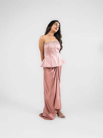 Bliss corset - Pink corset with satin drape skirt