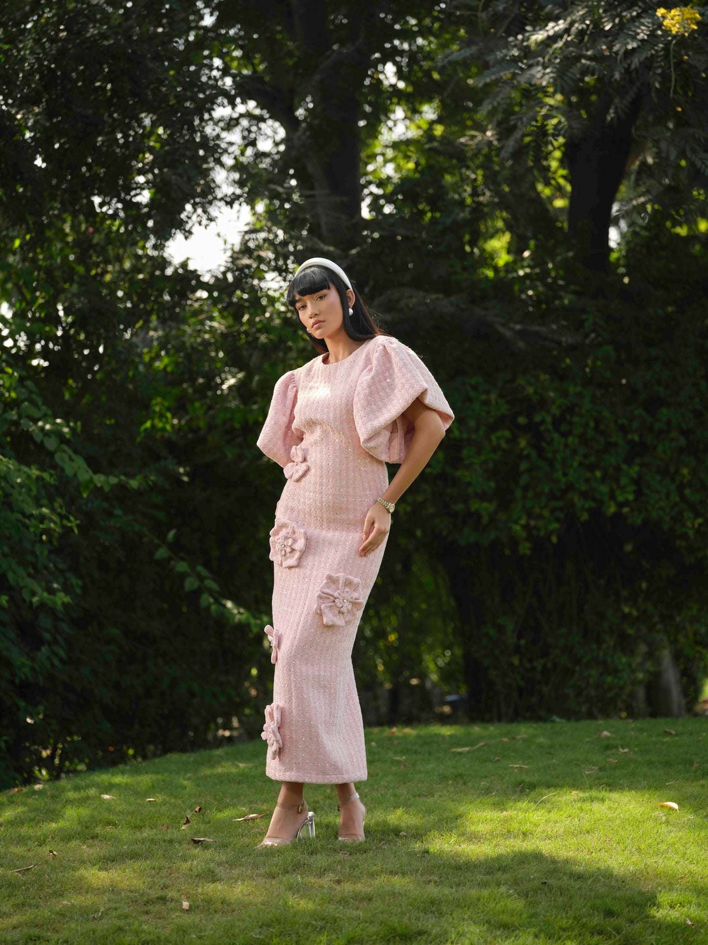 AURELIA- A Long dress with flower detailing.