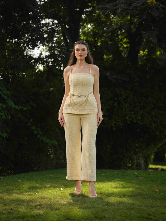 MARBELLA- Corset top with  metal detailing paired with straight pants