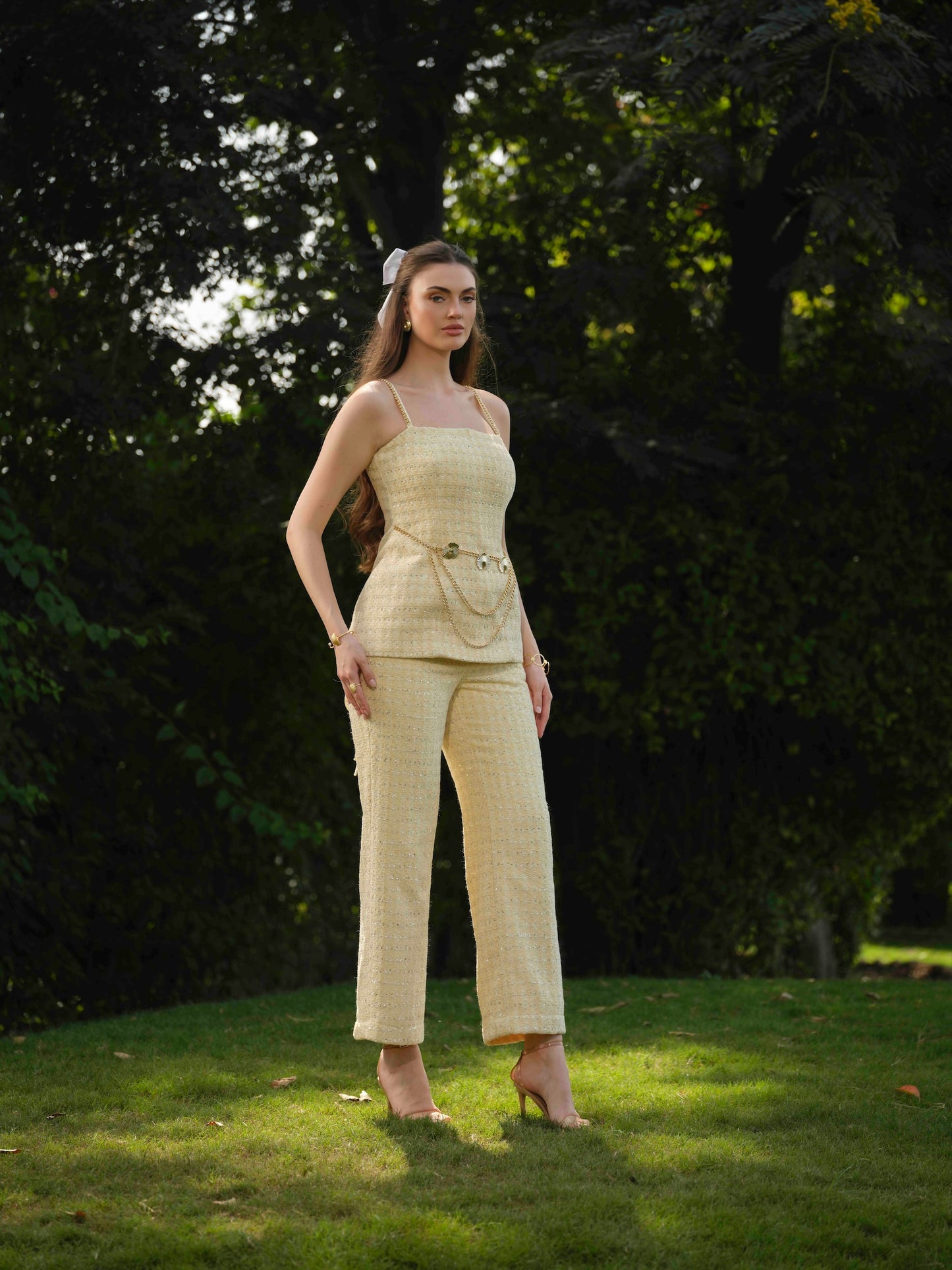 MARBELLA- Corset top with  metal detailing paired with straight pants