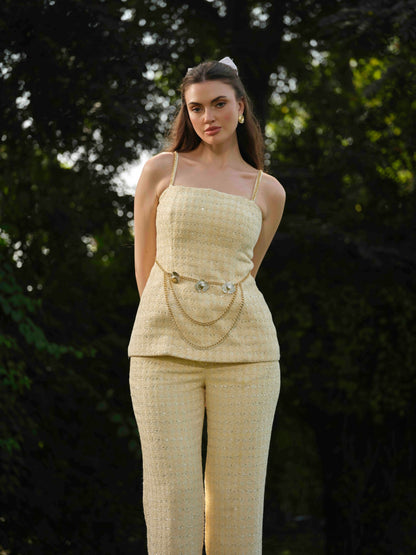 MARBELLA- Corset top with  metal detailing paired with straight pants