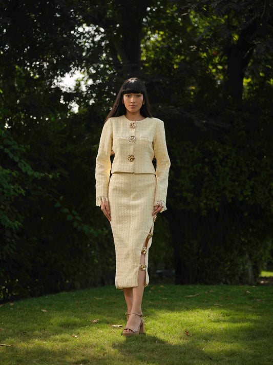 SERENE- Short jacket paired with detailed pencil fit skirt.