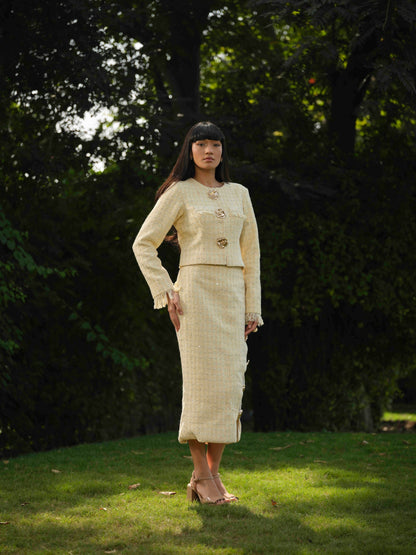 SERENE- Short jacket paired with detailed pencil fit skirt.