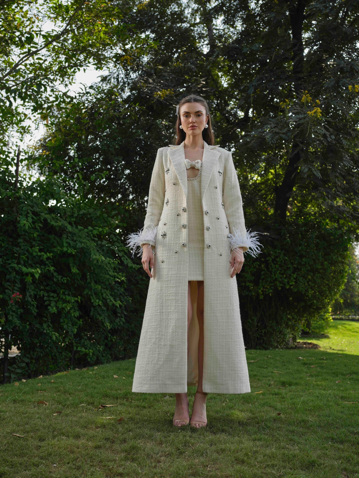 ELYRA - White Long trench coat with detailed A line short dress