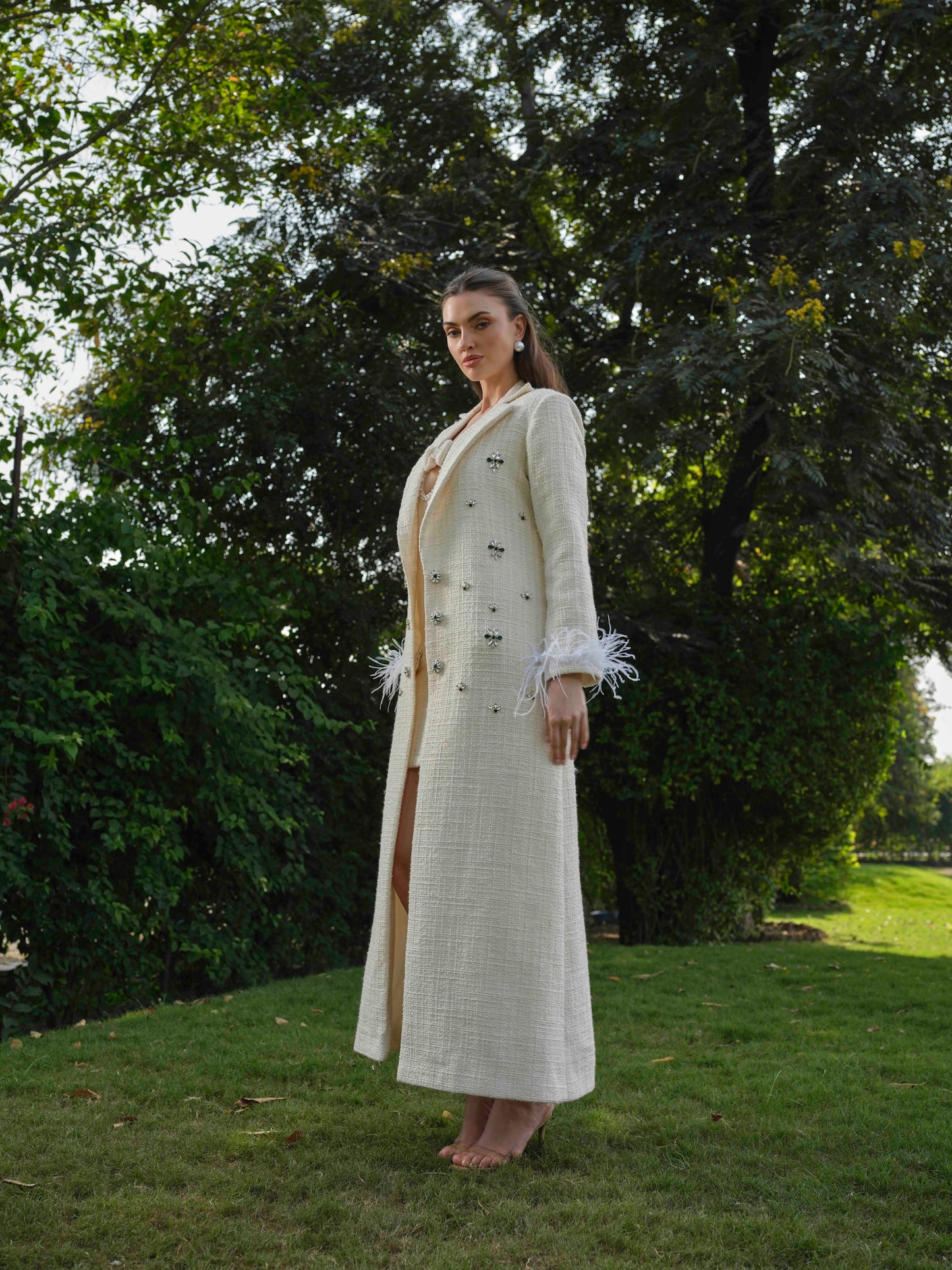 ELYRA - White Long trench coat with detailed A line short dress