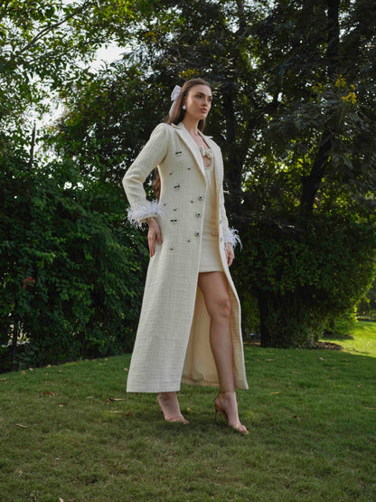ELYRA - White Long trench coat with detailed A line short dress