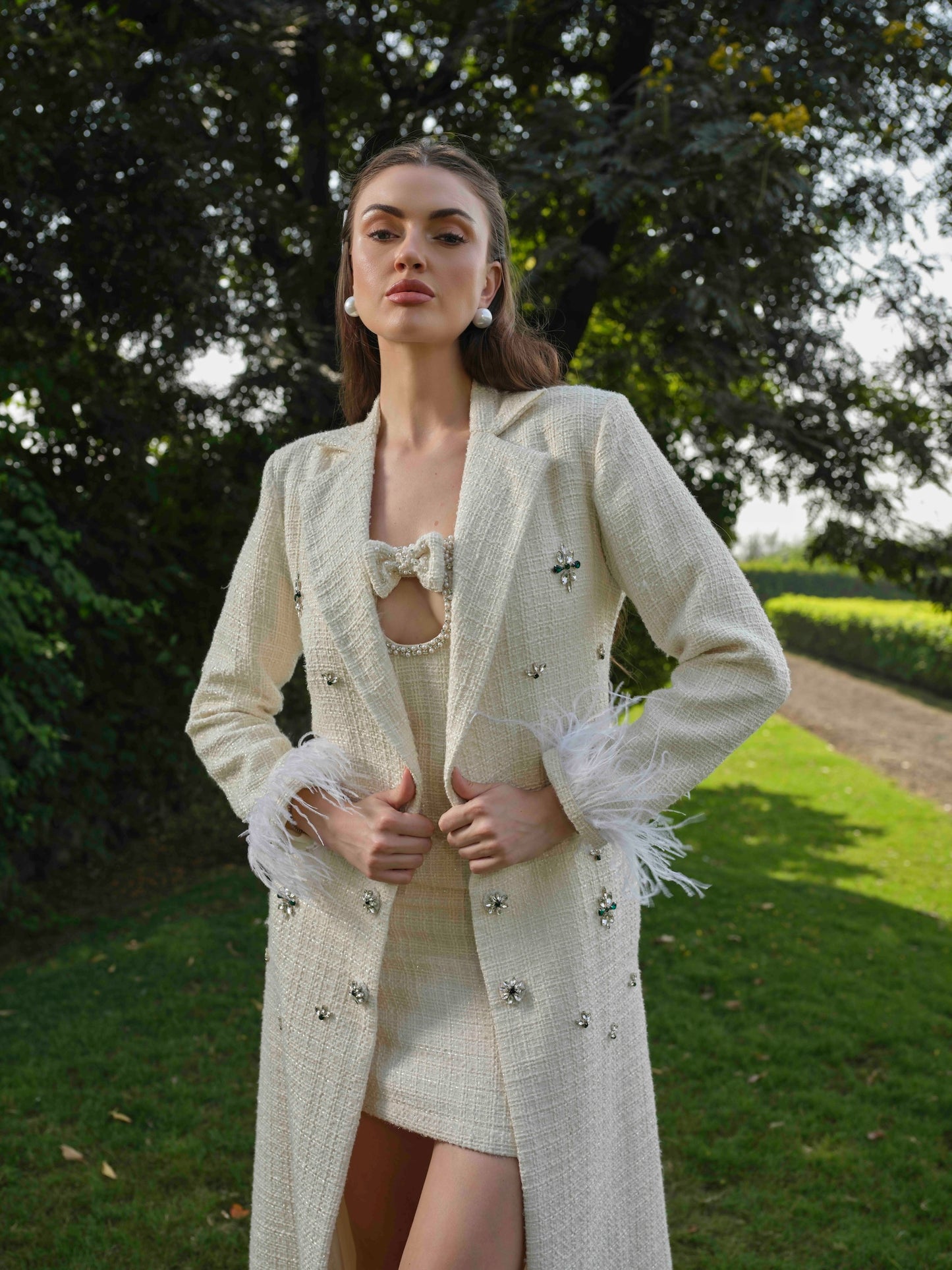 ELYRA - White Long trench coat with detailed A line short dress