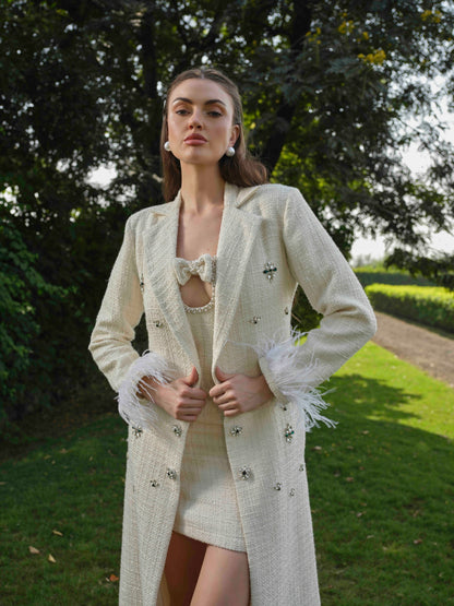 ELYRA - White Long trench coat with detailed A line short dress