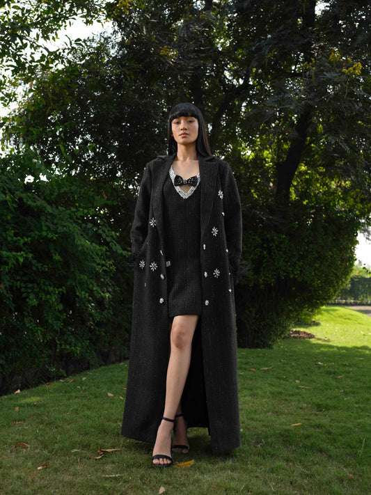 NYSSA- black Long trench coat with detailed A line short dress