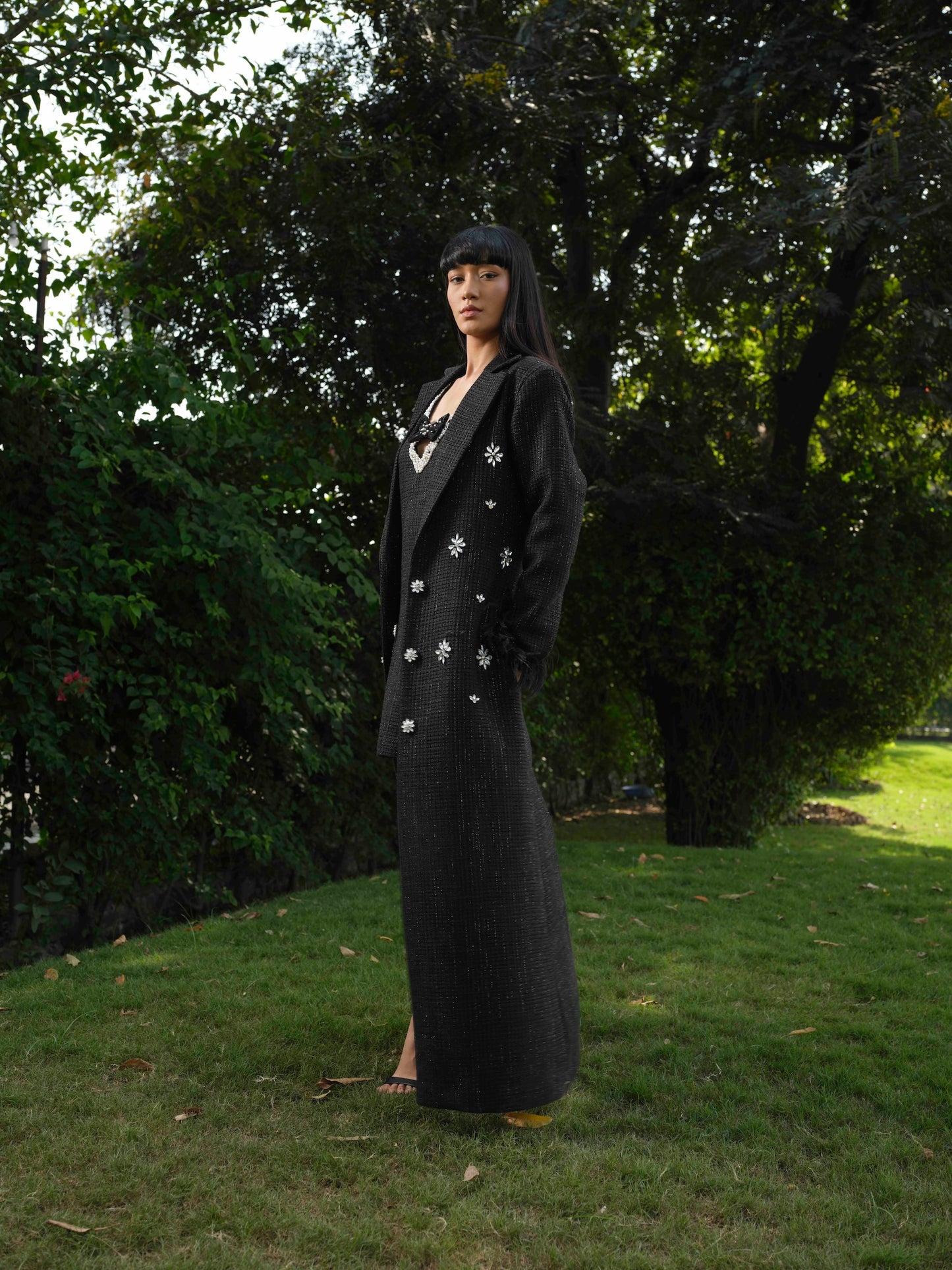 NYSSA- black Long trench coat with detailed A line short dress