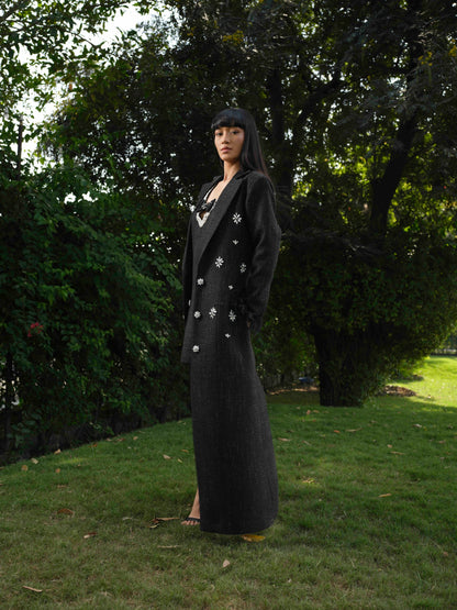 NYSSA- black Long trench coat with detailed A line short dress
