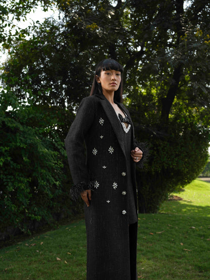 NYSSA- black Long trench coat with detailed A line short dress