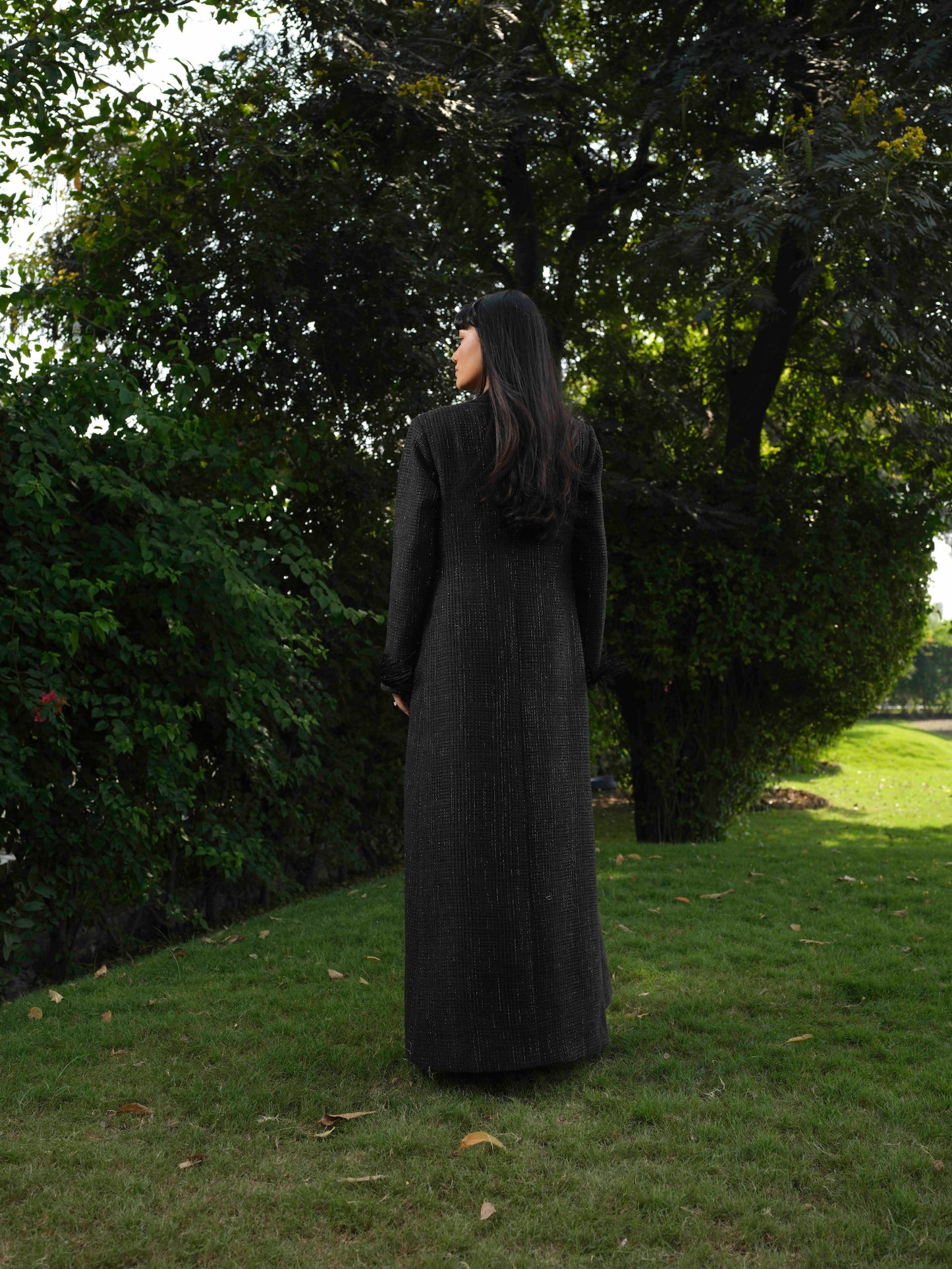 NYSSA- black Long trench coat with detailed A line short dress