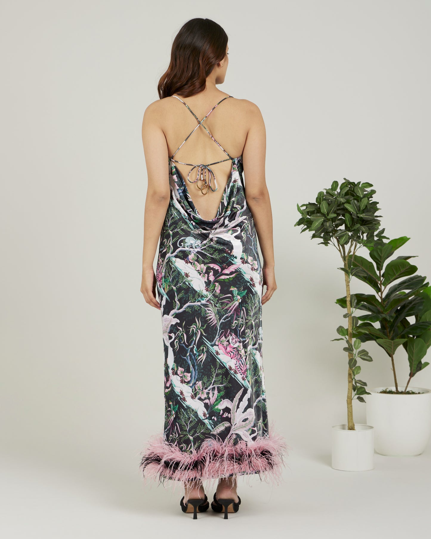 Faye - Slip dress with metal straps and feather detailing