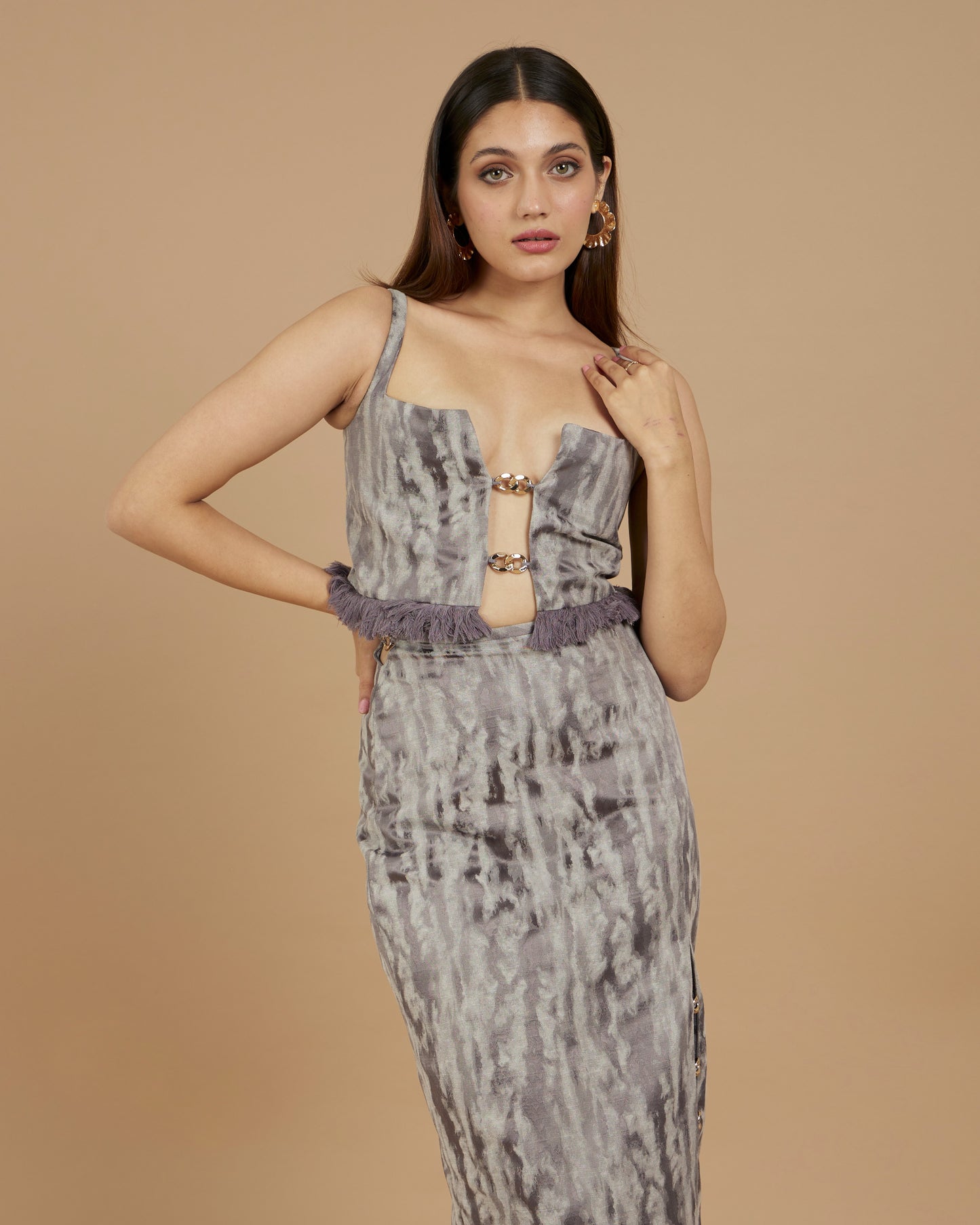 Pandora -Grey jacquard co-ord set with metal detailing