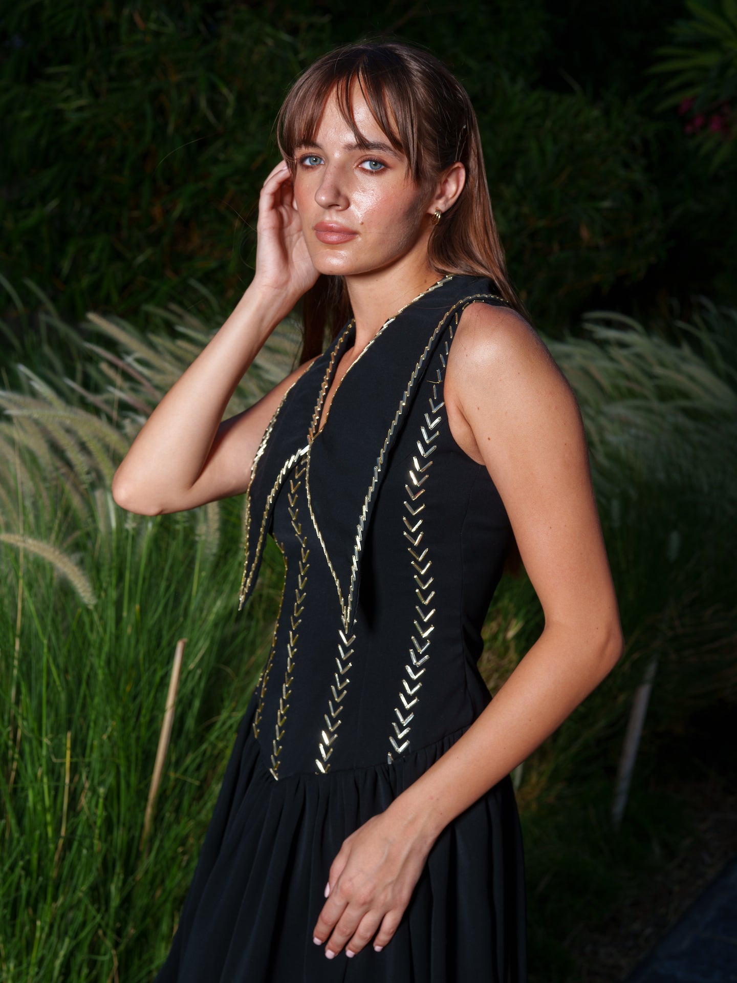 Huda – Black Drop-Waist Dress with Statement Collar & Gold