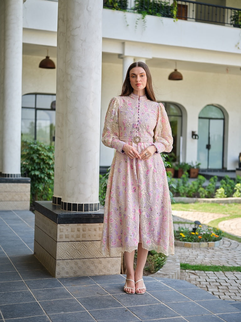 RIVANO -  mandarin dress with balloon sleeves and a flowy fall with attached belt.