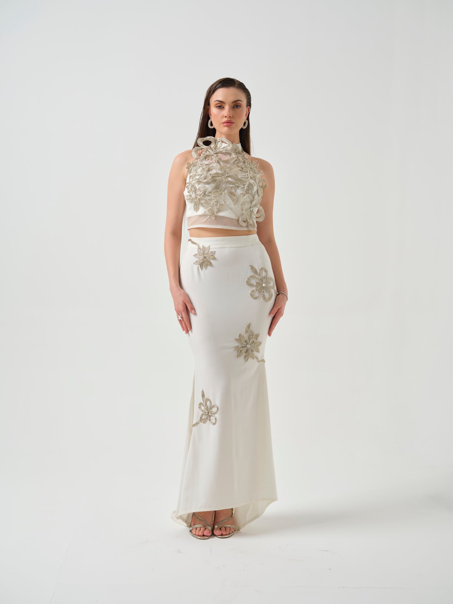 RENAYA -White embroidered top paired with a fish-cut skirt