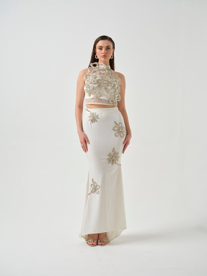 RENAYA -White embroidered top paired with a fish-cut skirt