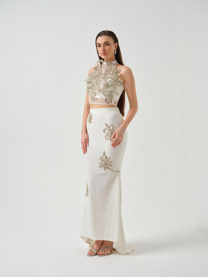 RENAYA -White embroidered top paired with a fish-cut skirt