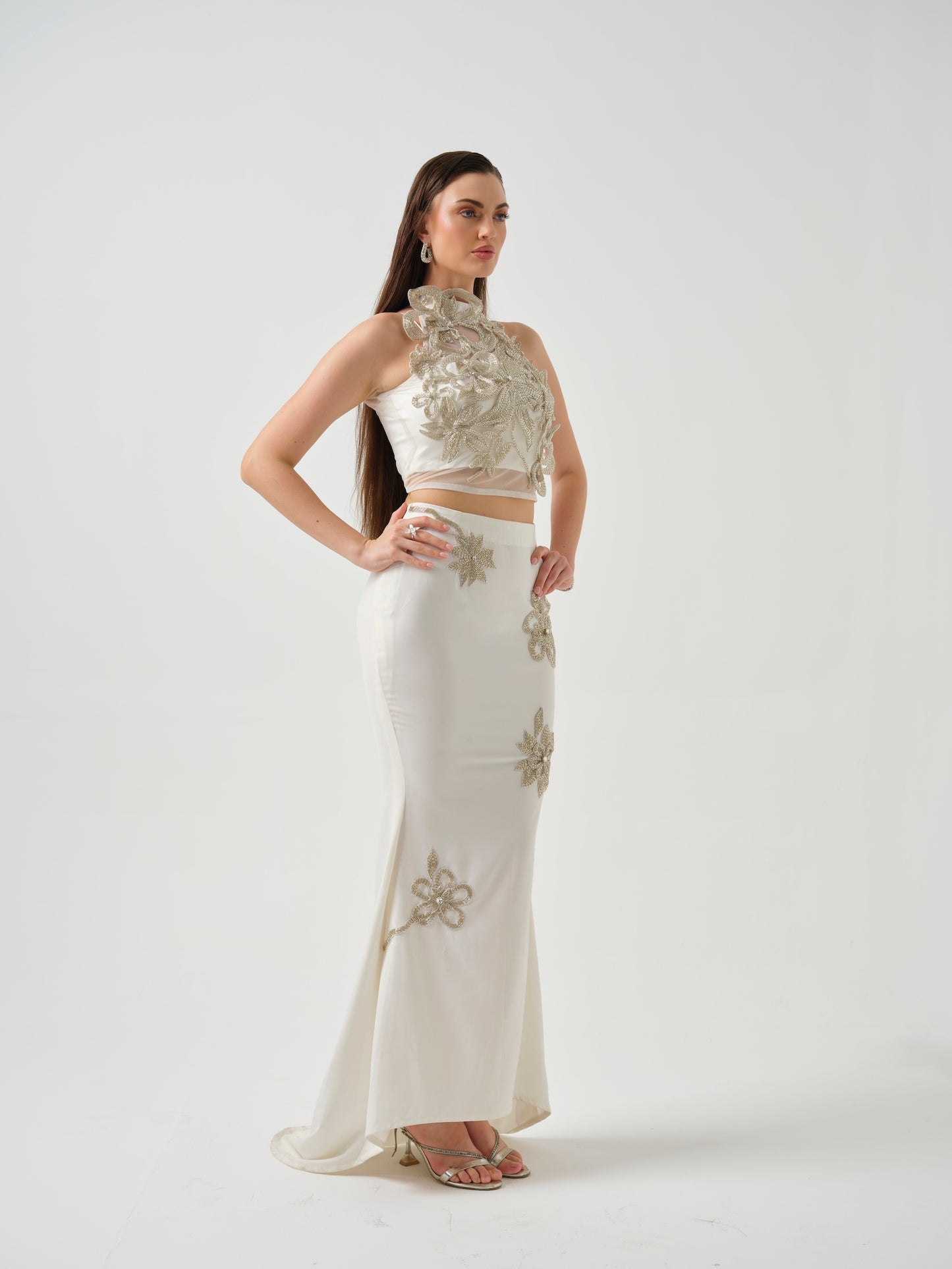 RENAYA -White embroidered top paired with a fish-cut skirt