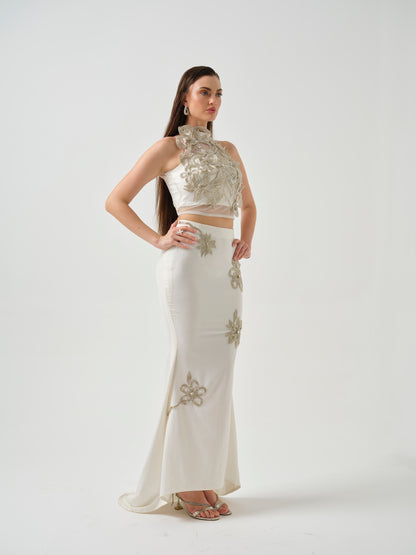RENAYA -White embroidered top paired with a fish-cut skirt