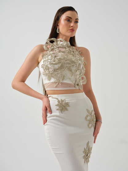 RENAYA -White embroidered top paired with a fish-cut skirt
