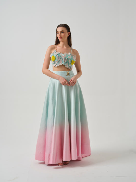 MIRARI- A candy floss blouse with ombre shade skirt.