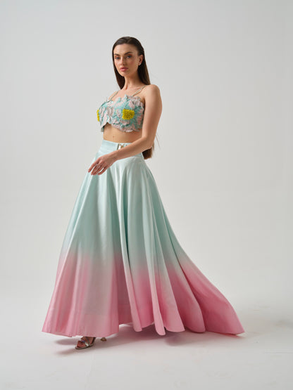 MIRARI- A candy floss blouse with ombre shade skirt.