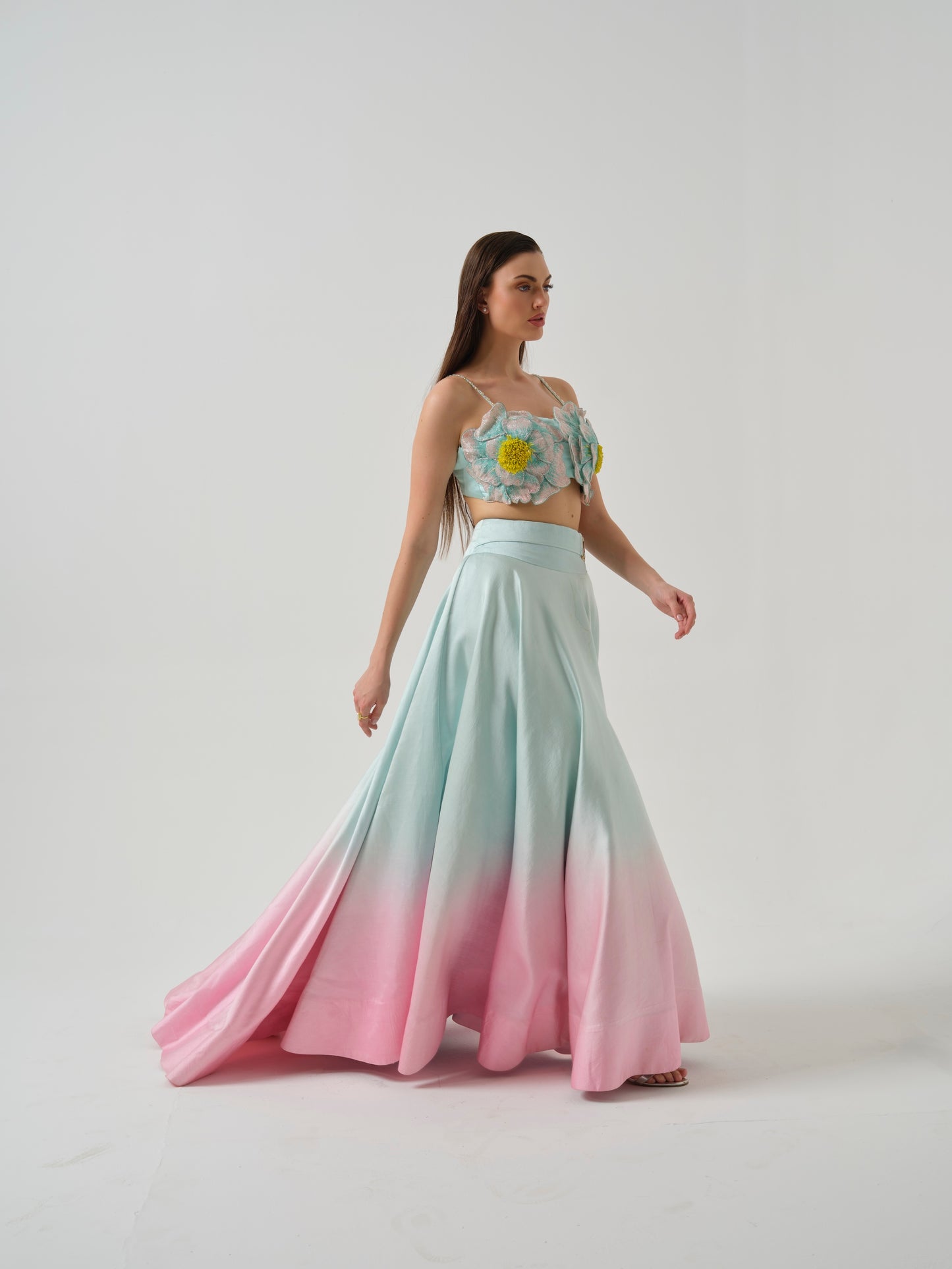 MIRARI- A candy floss blouse with ombre shade skirt.