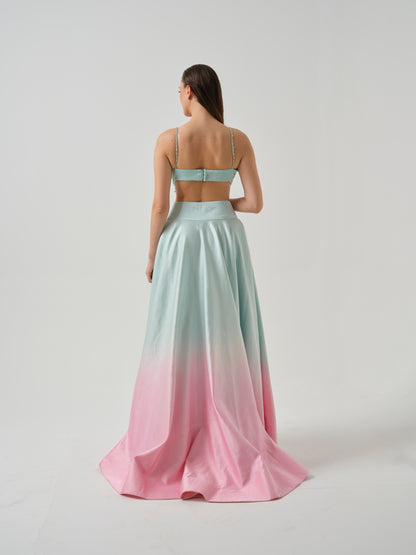MIRARI- A candy floss blouse with ombre shade skirt.