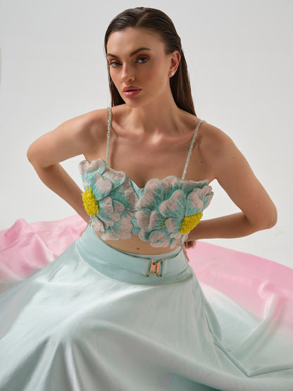 MIRARI- A candy floss blouse with ombre shade skirt.