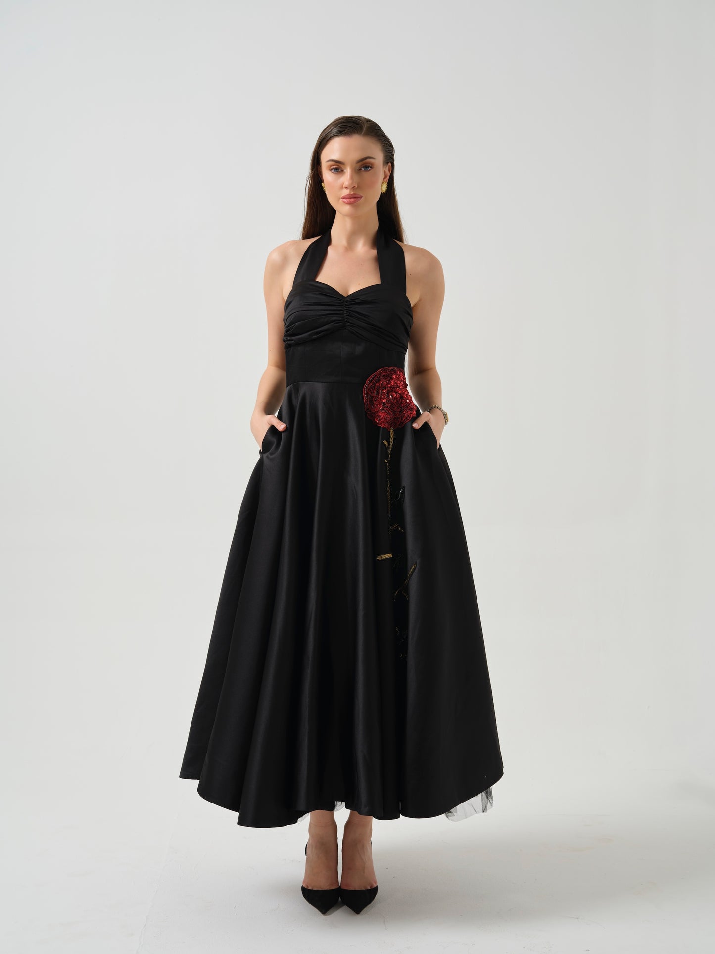 ELSORA- Long halter neck dress with flower detailing on flare