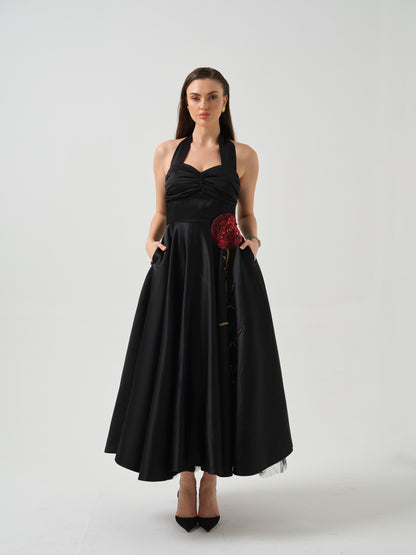 ELSORA- Long halter neck dress with flower detailing on flare