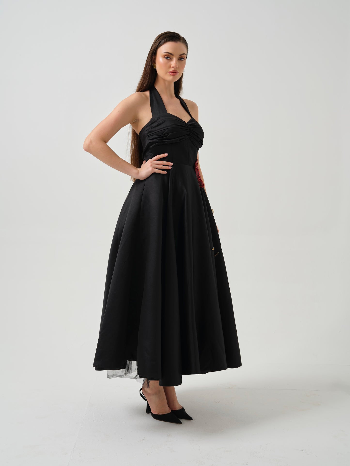 ELSORA- Long halter neck dress with flower detailing on flare