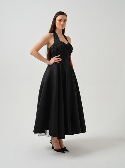 ELSORA- Long halter neck dress with flower detailing on flare