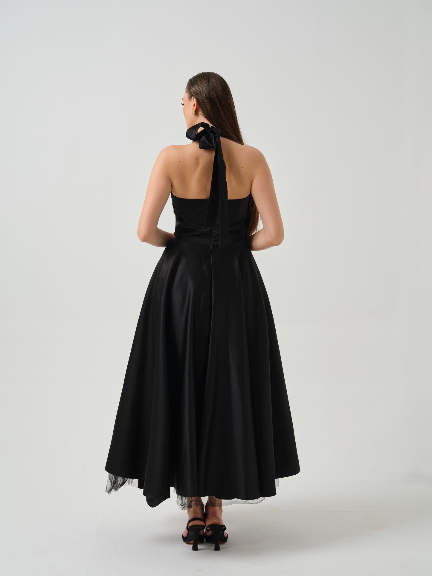 ELSORA- Long halter neck dress with flower detailing on flare