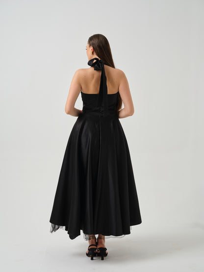 ELSORA- Long halter neck dress with flower detailing on flare