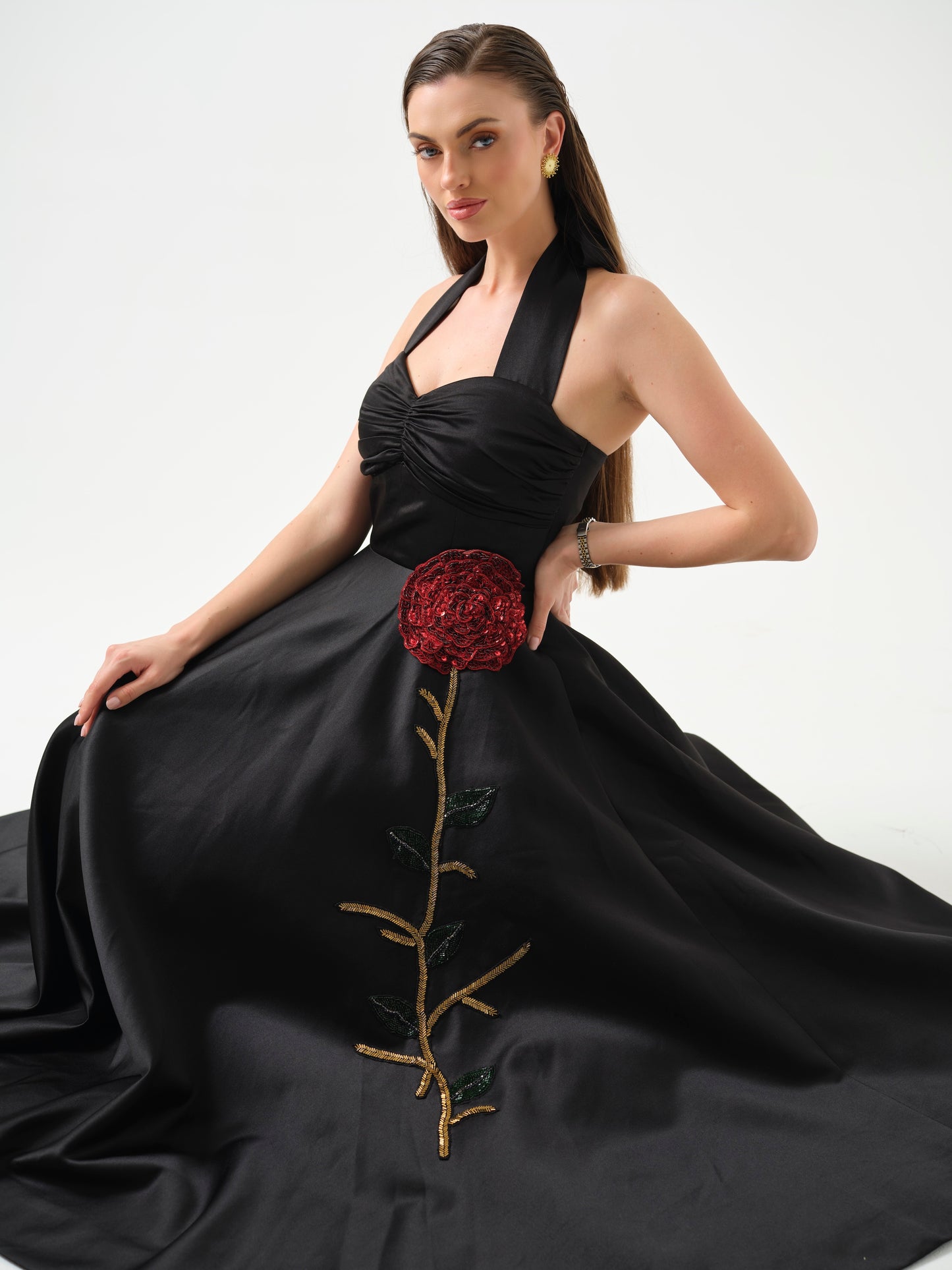 ELSORA- Long halter neck dress with flower detailing on flare