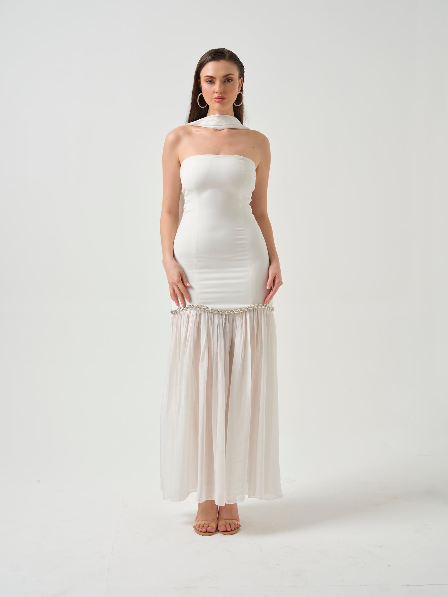 ZAYNA-strapless stone   detailing dress with stole and sheer flare