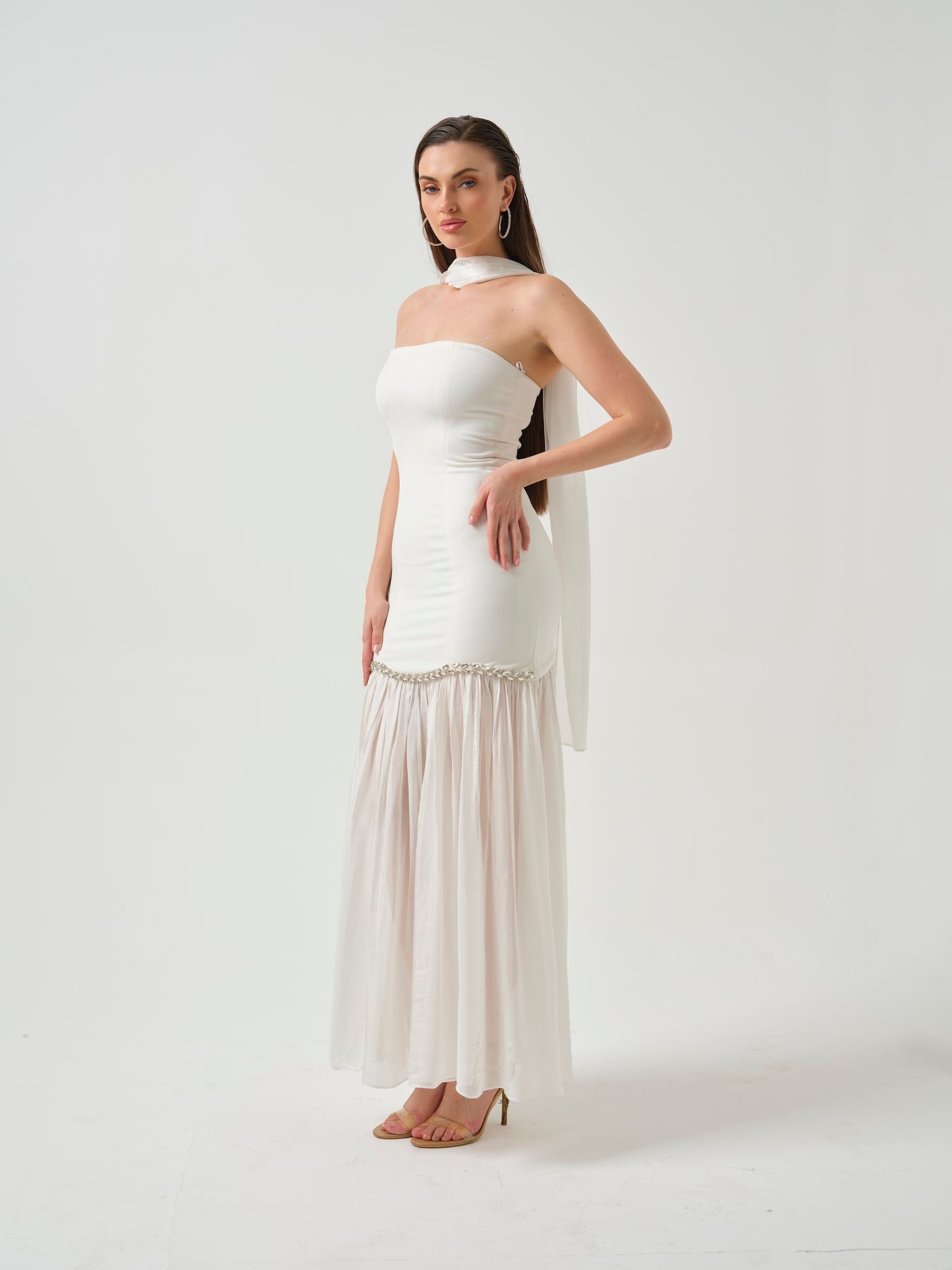 ZAYNA-strapless stone   detailing dress with stole and sheer flare