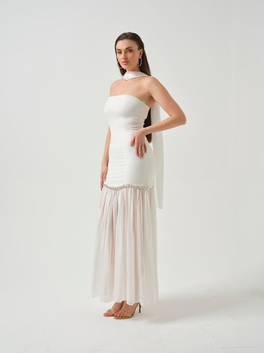 ZAYNA-strapless stone   detailing dress with stole and sheer flare