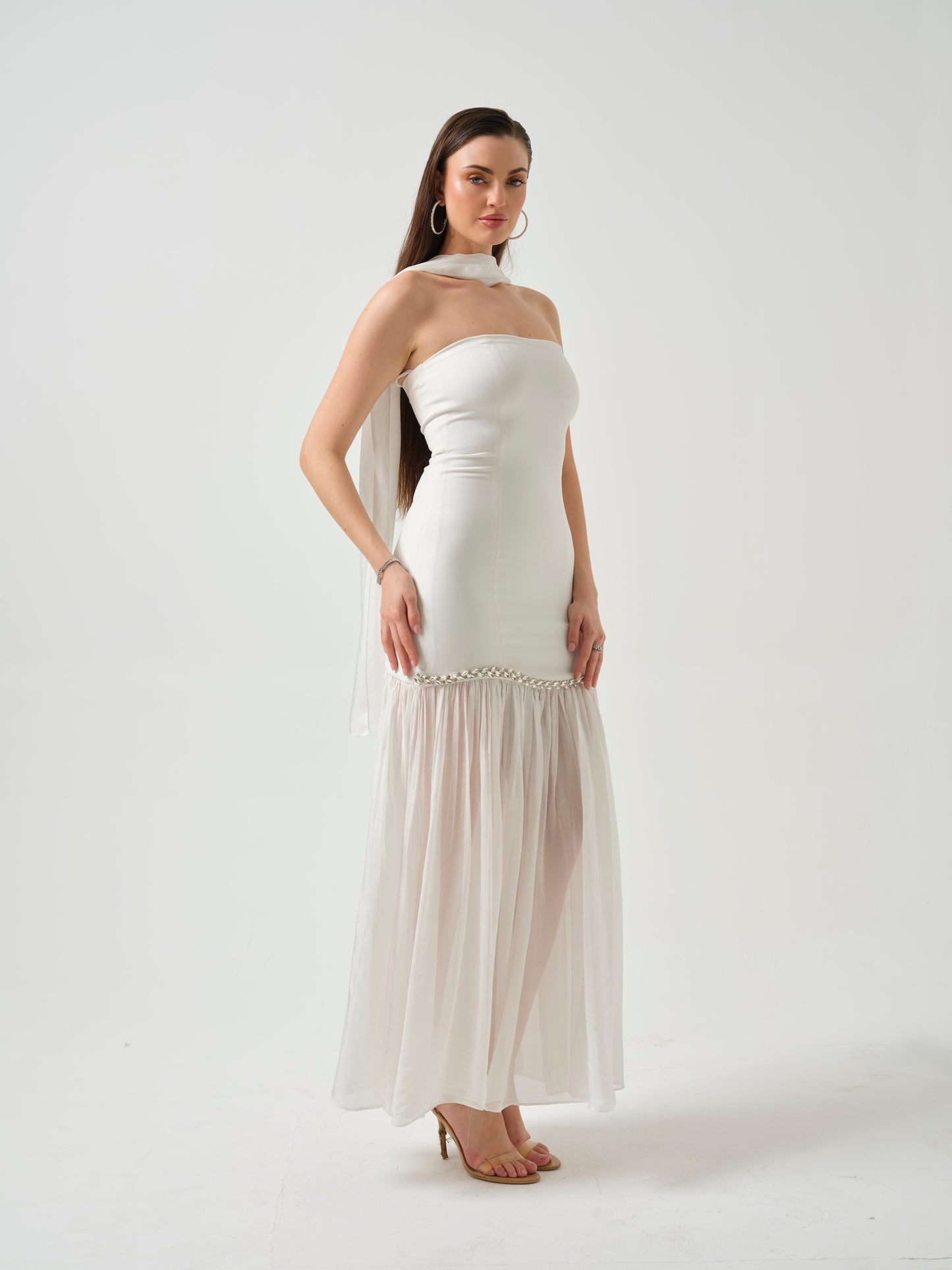 ZAYNA-strapless stone   detailing dress with stole and sheer flare