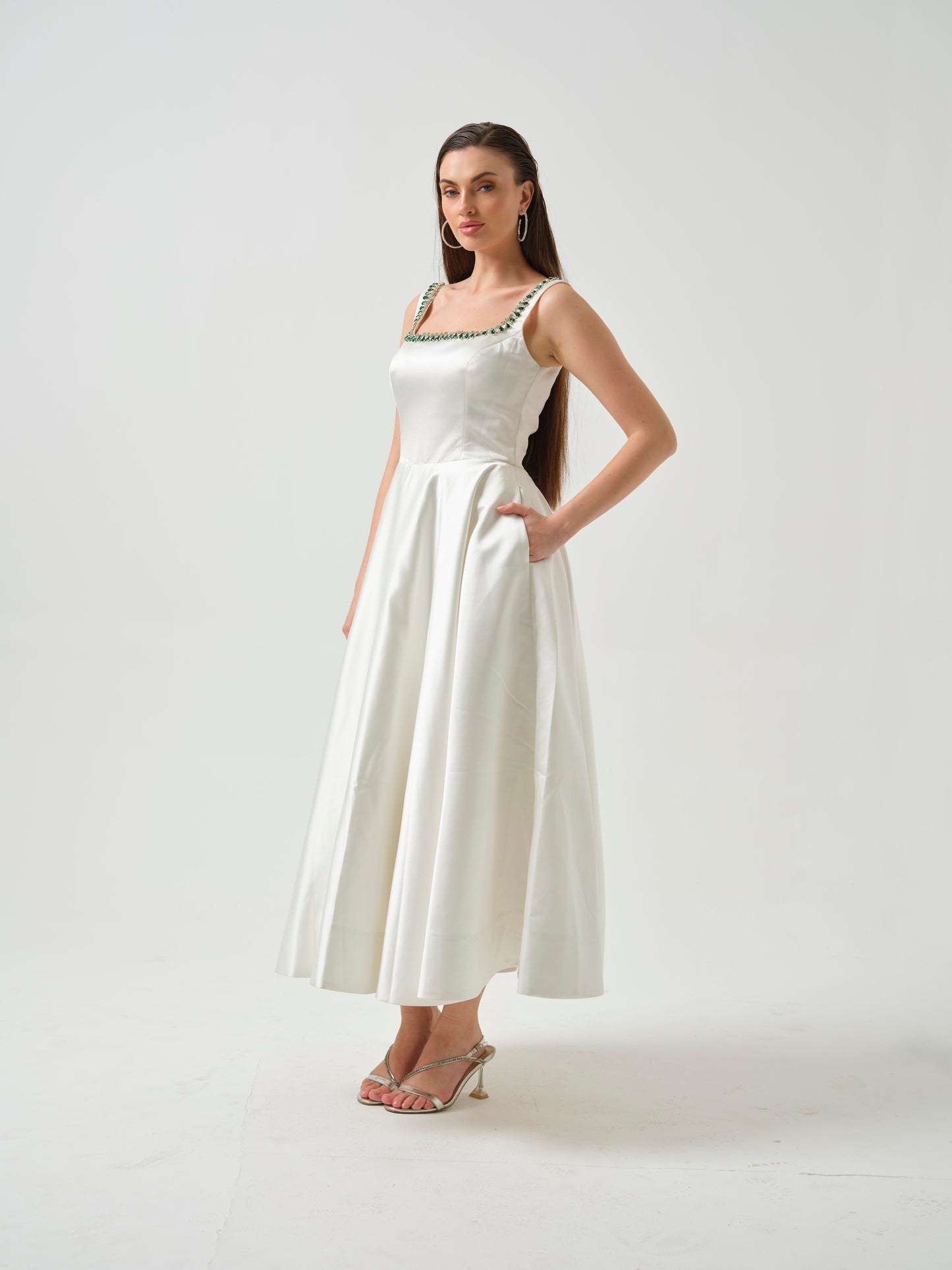 LILY- white T-length dress with stone detailing .