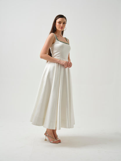 LILY- white T-length dress with stone detailing .