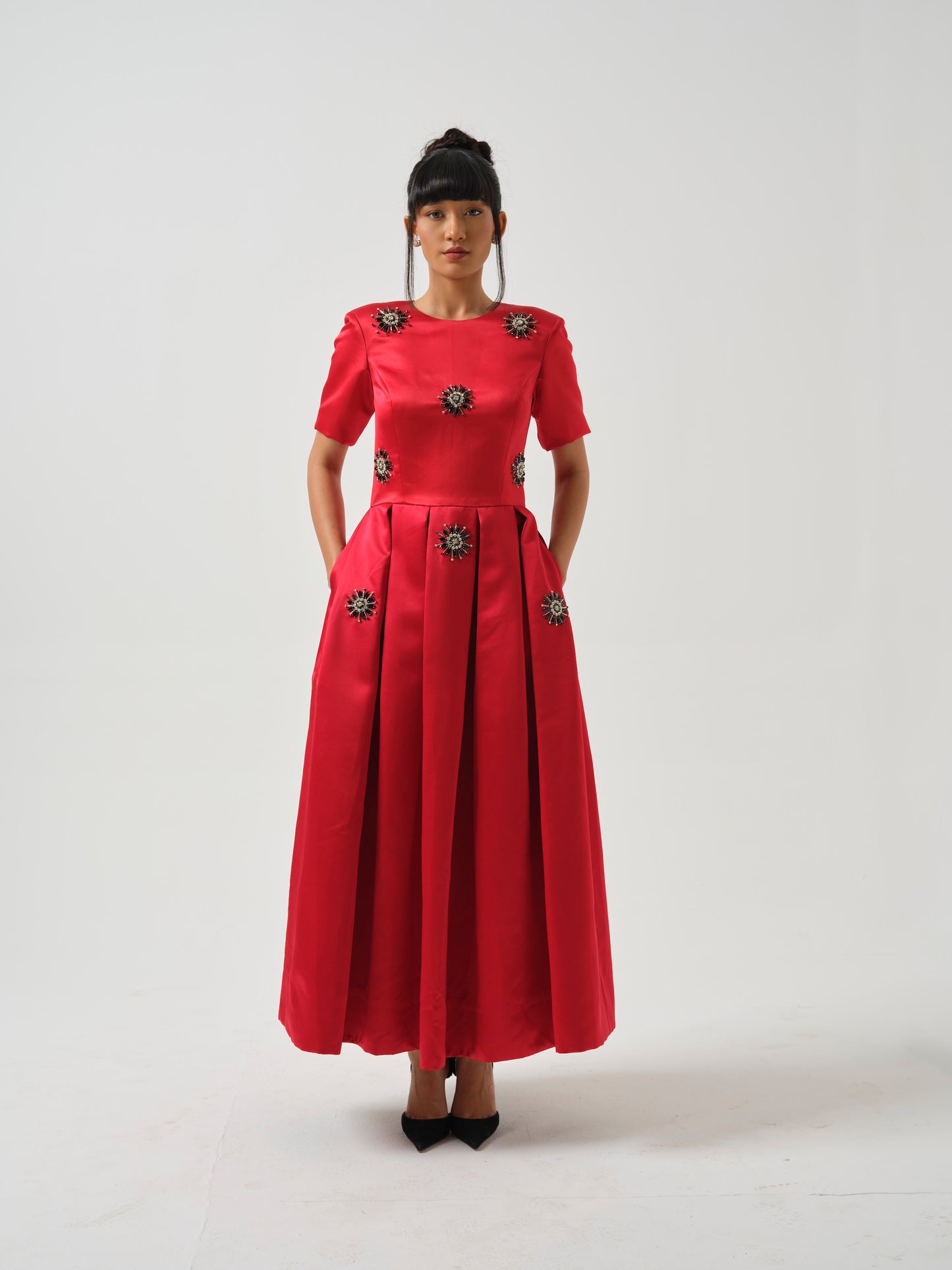 BERRY- Box pleat  red dress with stone detailing