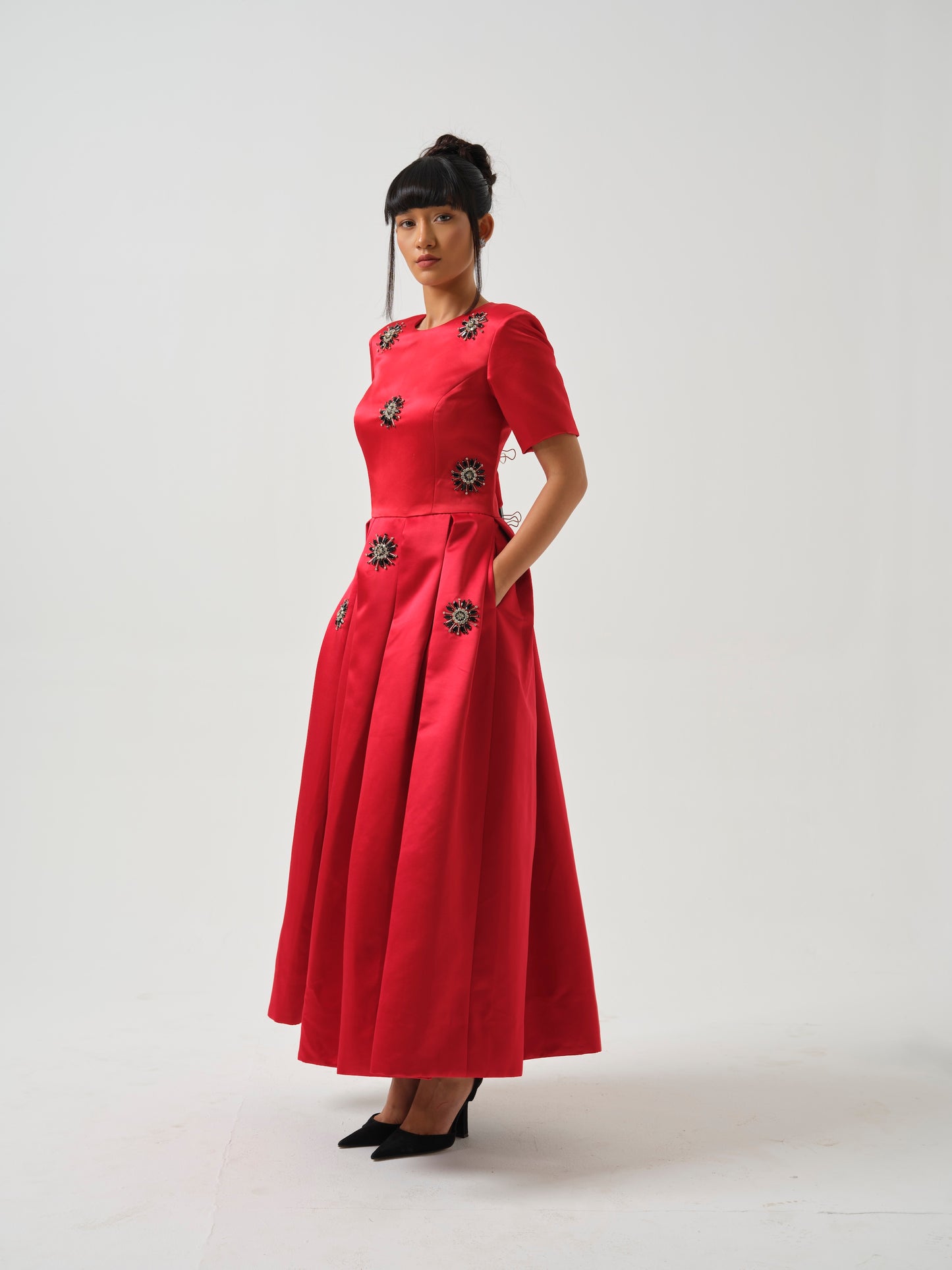 BERRY- Box pleat  red dress with stone detailing