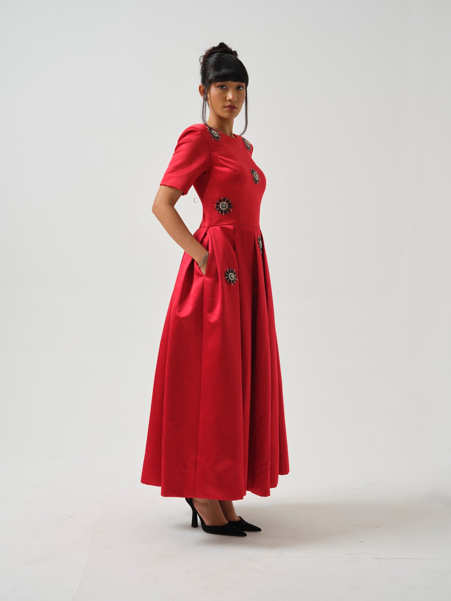 BERRY- Box pleat  red dress with stone detailing
