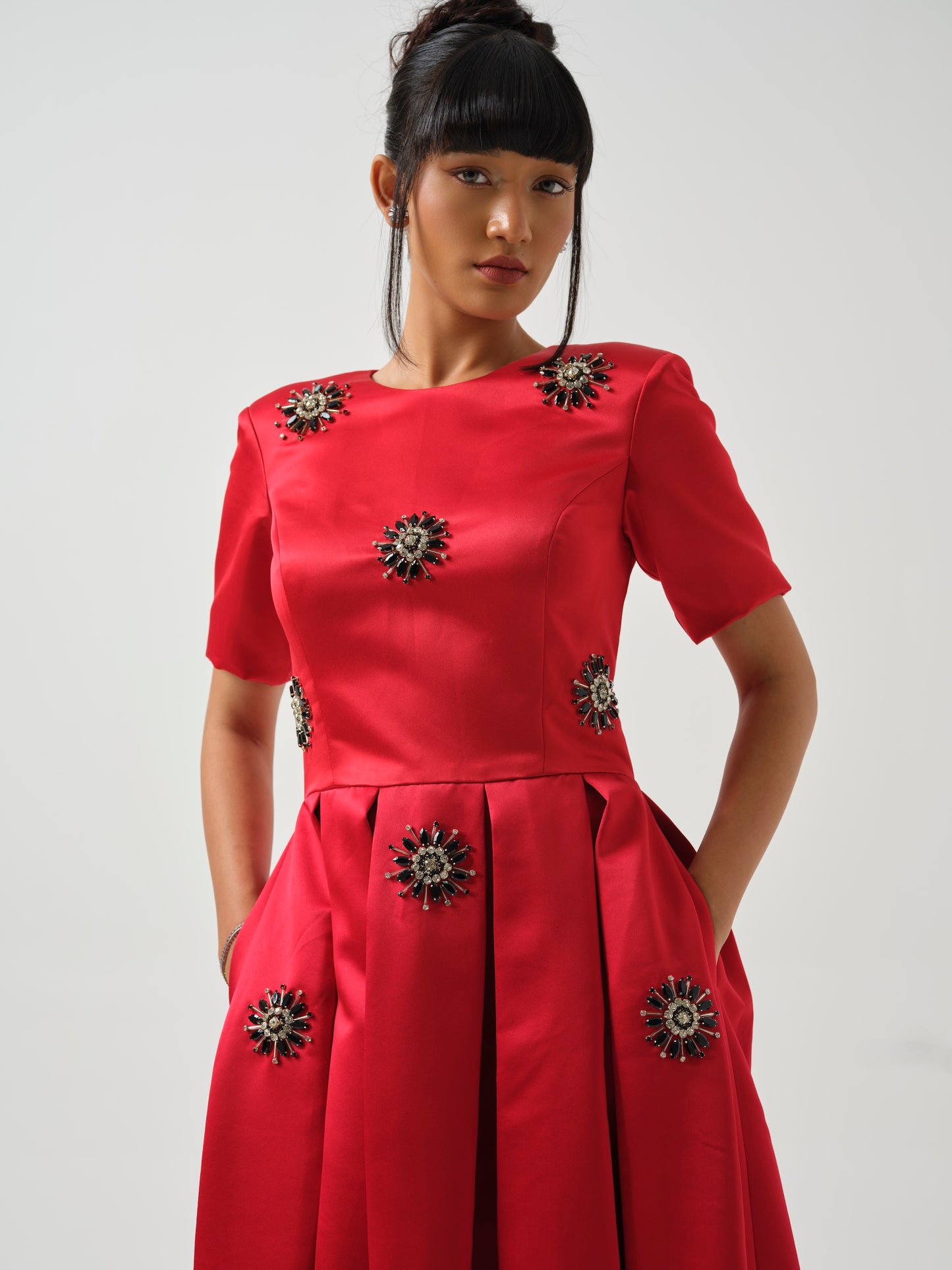 BERRY- Box pleat  red dress with stone detailing